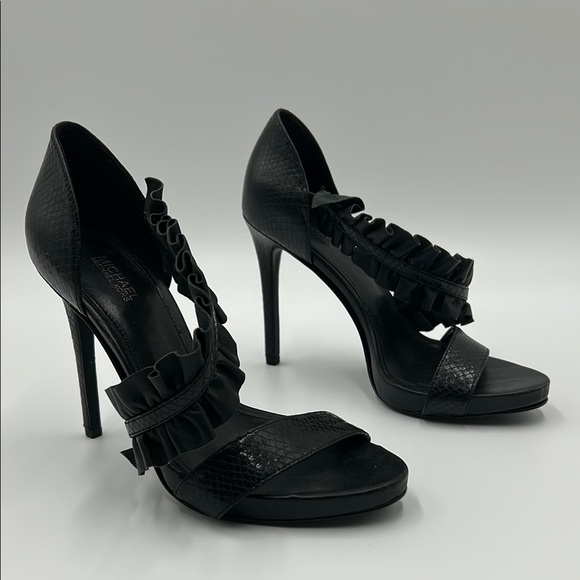 Michael Kors Bella Stiletto Heels Women's 7 Black Leather Ruffle Strap Sandals - Picture 1 of 15